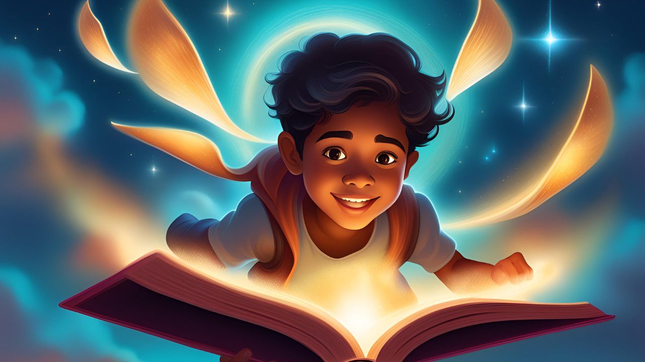 Boy Read Magical Book during Flying - 3D Animation